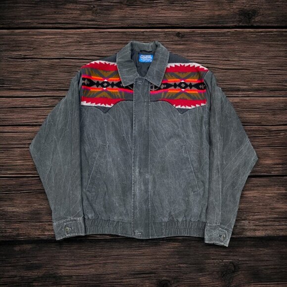 Pendleton High Grade Western Wear Cowboy Aztec Wool Denim Jacket Vintage Medium - Picture 1 of 8